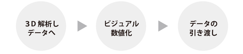 三次元の流れ　３D解析しデータへ→ビジュアル数値化→データの引き渡し